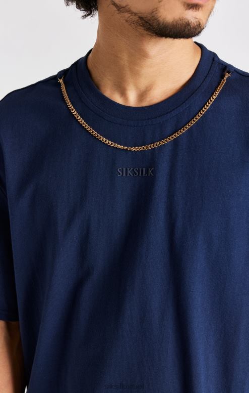 SikSilk גברים חולצת טריקו שרשרת אוברסייז נייבי D2LH2389 לבוש