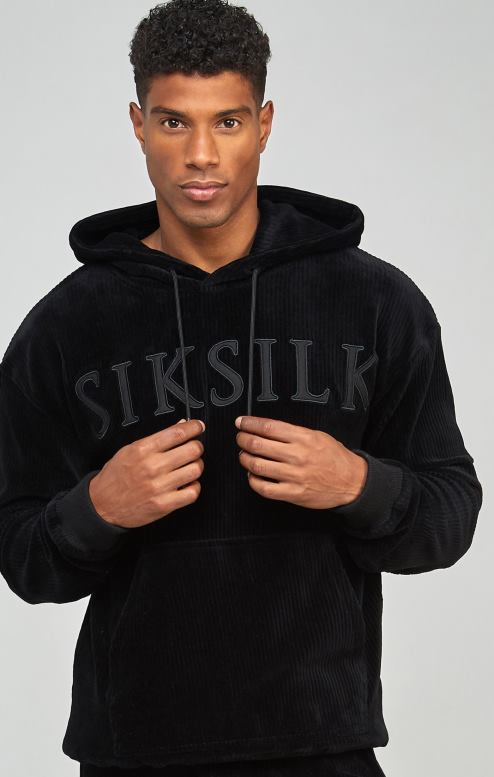 SikSilk גברים קפוצ'ון עליון עם לוגו אפליקציית קורדרוי שחור D2LH2414 לבוש