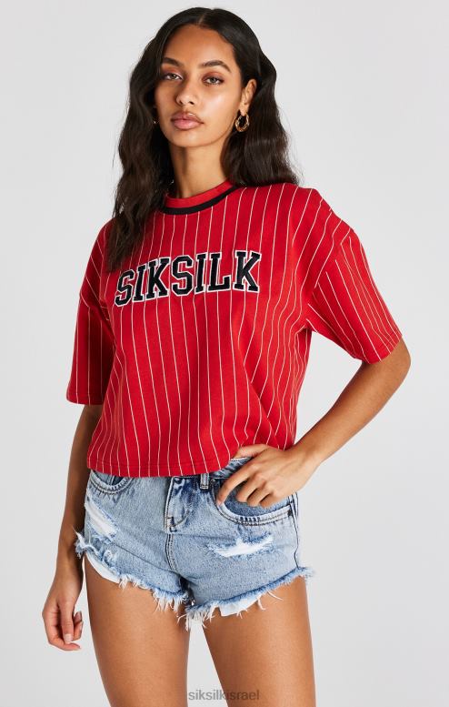 SikSilk נשים חולצת טריקו עם פס בייסבול אדום D2LH244 לבוש