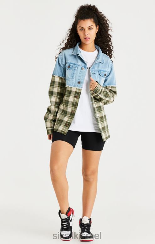 SikSilk גברים ז'קט ג'ינס ניגודיות משובץ ירוק D2LH2496 לבוש