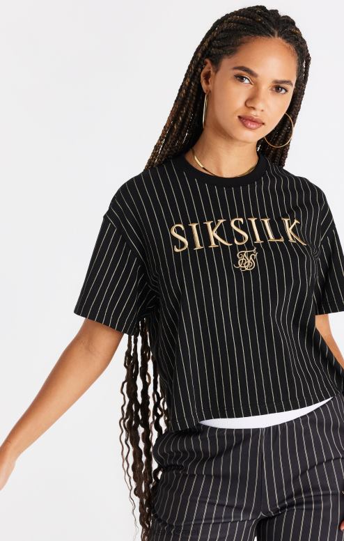 SikSilk נשים חולצת טריקו שחורה עם פסים D2LH266 לבוש