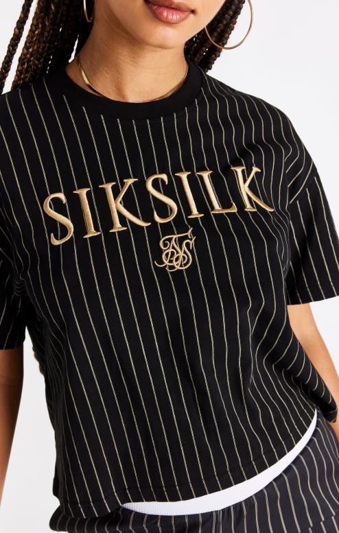 SikSilk נשים חולצת טריקו שחורה עם פסים D2LH266 לבוש