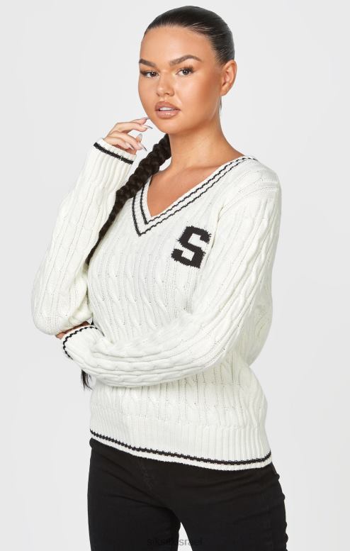 SikSilk נשים סוודר סריגת כבלים של ecru varsity D2LH279 לבוש